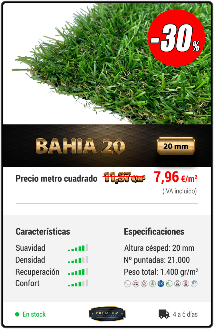 Césped artificial Bahía 20 - Rollo de 2 x 20 metros